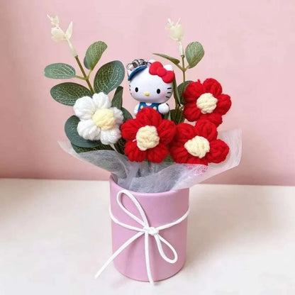 Plush flower arrangement with red Hello Kitty plush and red, white crocheted flowers