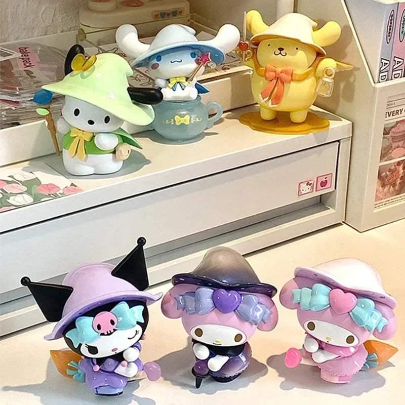 Three pastel character figurines in an open display, including hat-wearing figures.