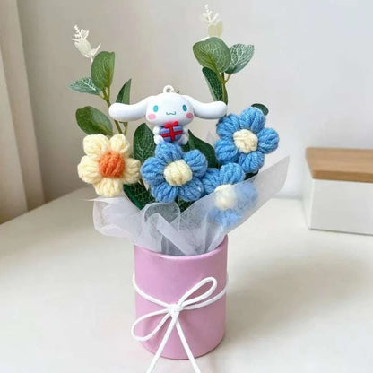 Plush flower arrangement with white-and-blue cat plush and blue crocheted flowers