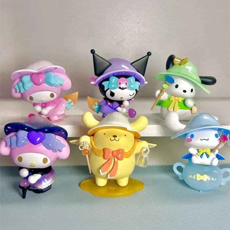 Set of six pastel cartoon figurines, standing together on a small base.