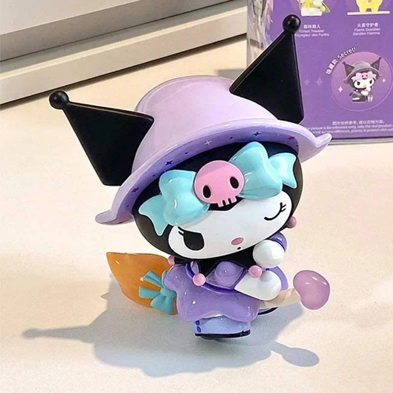 Purple and blue character figurine with a witch hat, holding a small charm accessory.