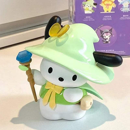 Green and white character figurine with a black hat, holding a staff-like accessory.