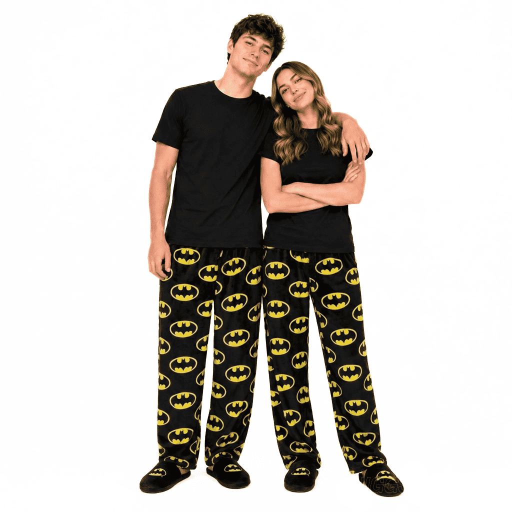 Batman pajama pants, black with yellow bat emblem print, full-length