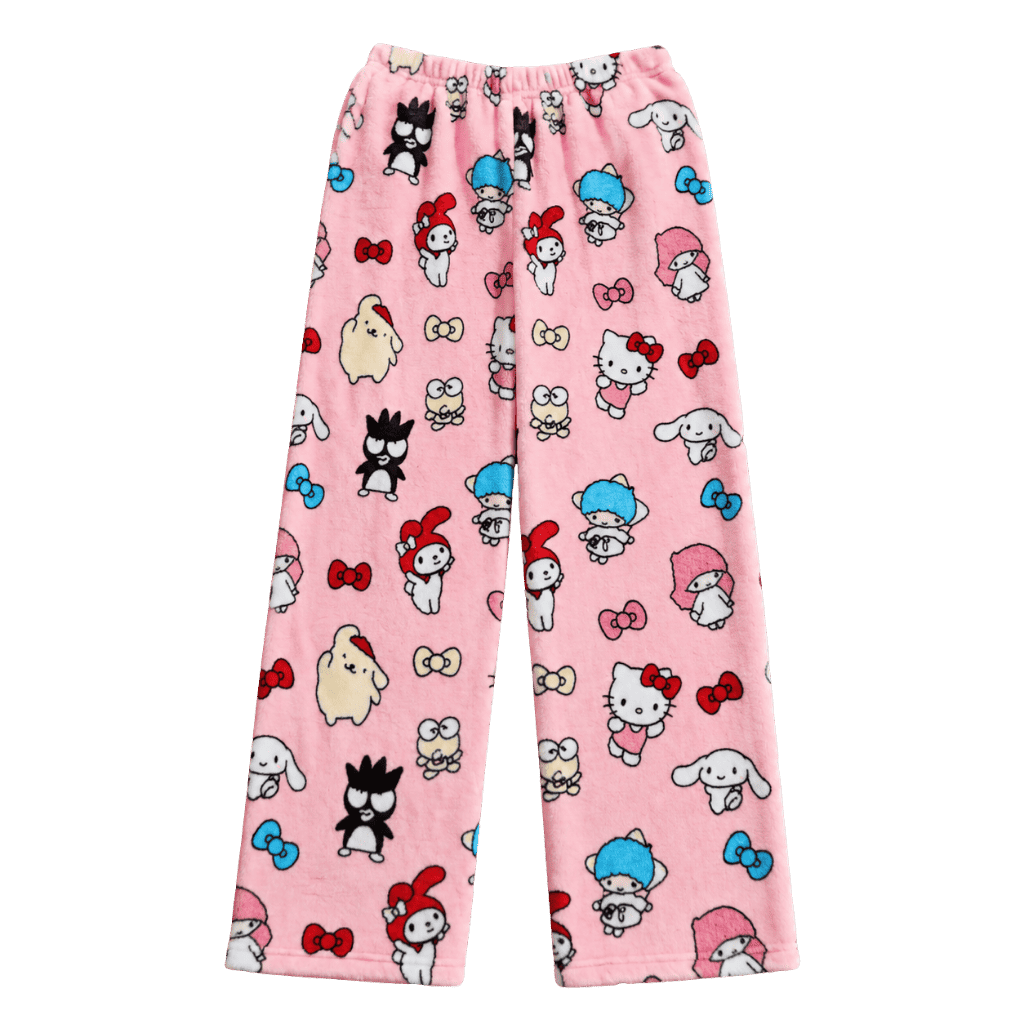 Pink cartoon character pajama pants with wide legs