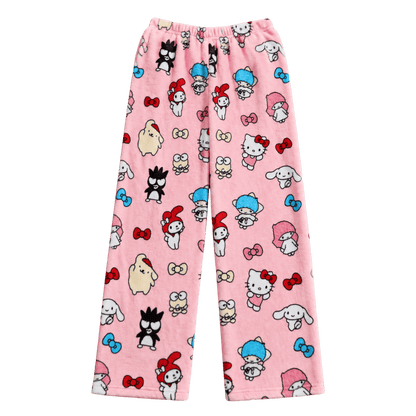 Pink cartoon character pajama pants with wide legs