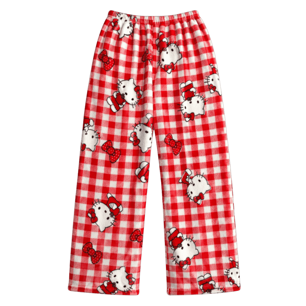 Red gingham pajama pants with Hello Kitty prints and elastic waistband