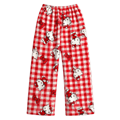 Red gingham pajama pants with Hello Kitty prints and elastic waistband