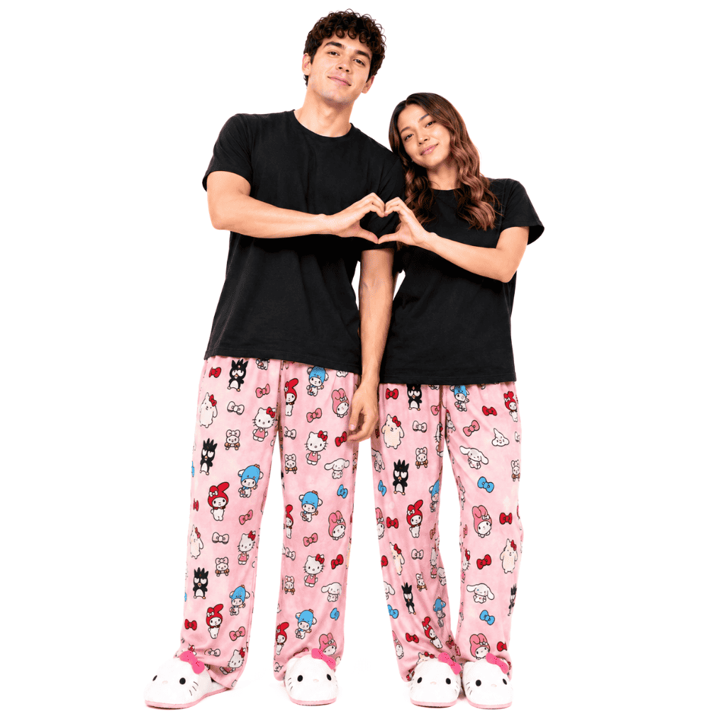 Pink cartoon character pajama pants with elastic waistband