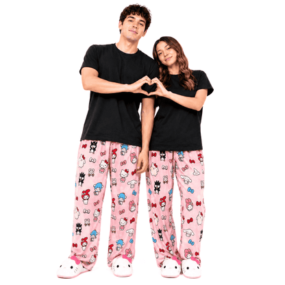 Pink cartoon character pajama pants with elastic waistband
