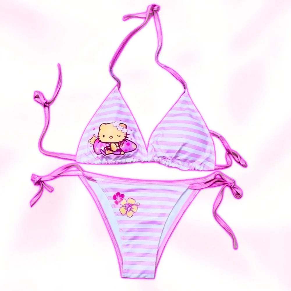 Hello Kitty triangle bikini set in pink with white stripes and bow tie details