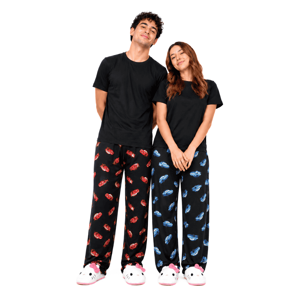 Thin pajama pants with all-over car print: red on left, blue on right