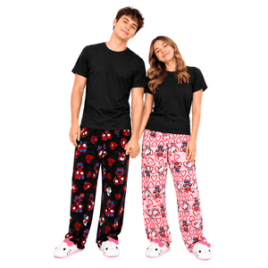 Hello Kitty x Spiderman pajama pants, black with colorful character print and pink