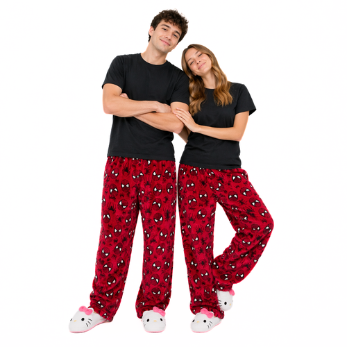 Spiderman pajama pants in red with repeating spider emblem print, elastic waistband