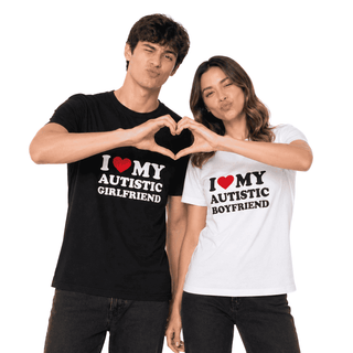 Pair of T-shirts on people: black with boyfriend print, white with girlfriend print