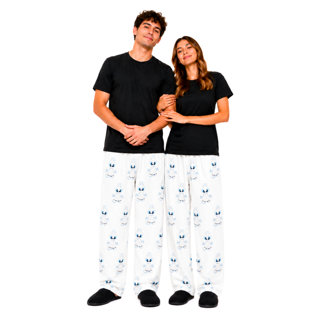 Matching pajama set with black T-shirts and white dragon-face pajama pants