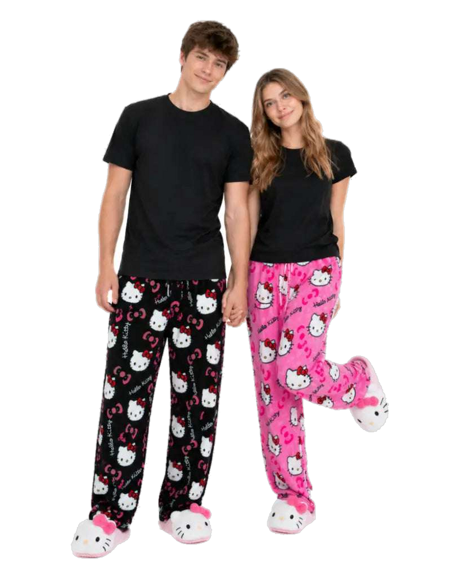 Couple wearing matching Hello Kitty pajama pants in black and pink