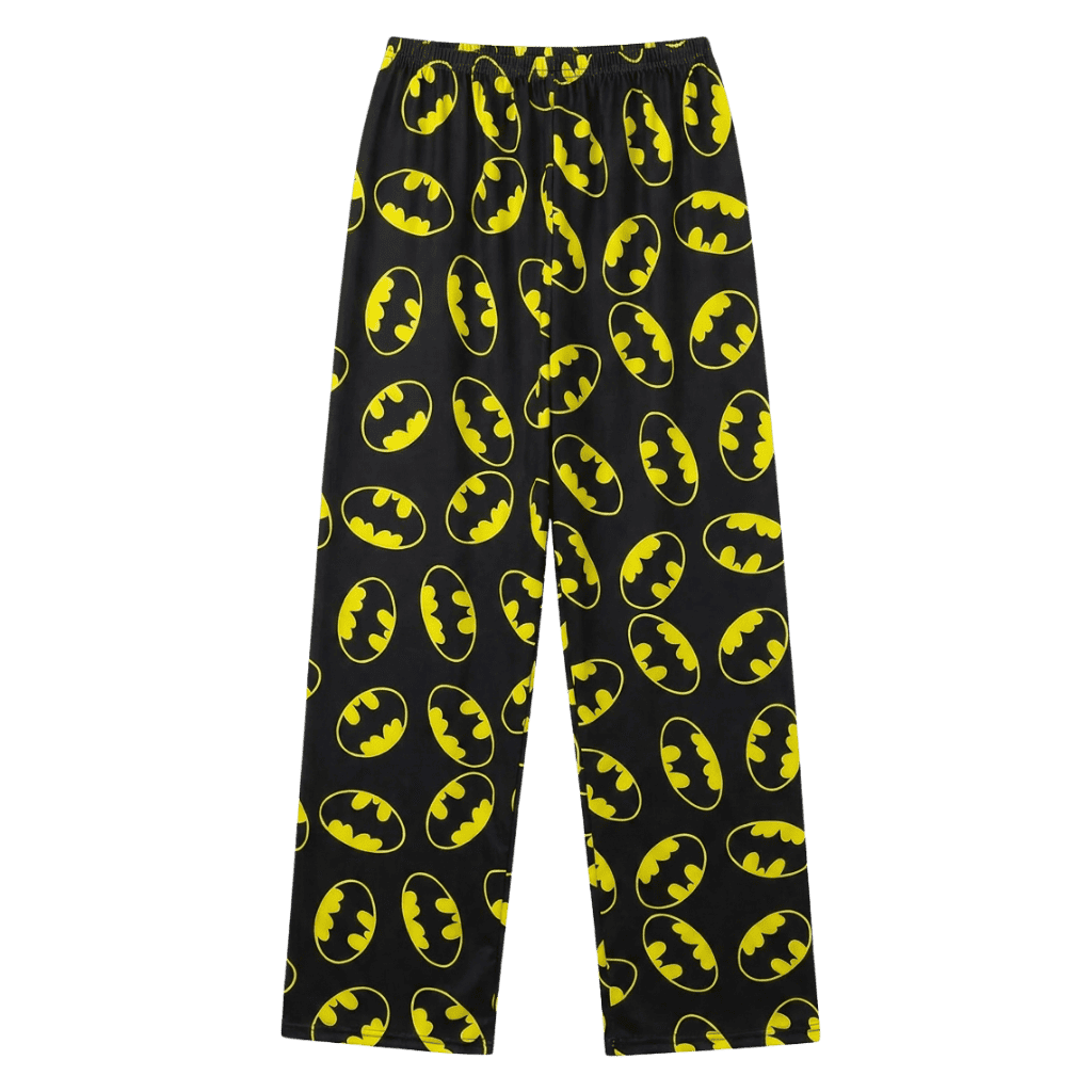 Thin Batman pajama pants, black with neon yellow bat prints