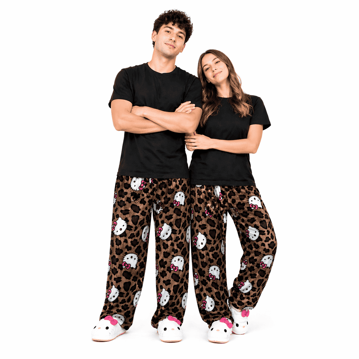 Leopard pajama pants with Hello Kitty face print, full-length for lounging