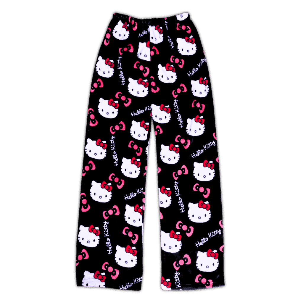 Hello Kitty pajama pants, black with pink bows and white character faces