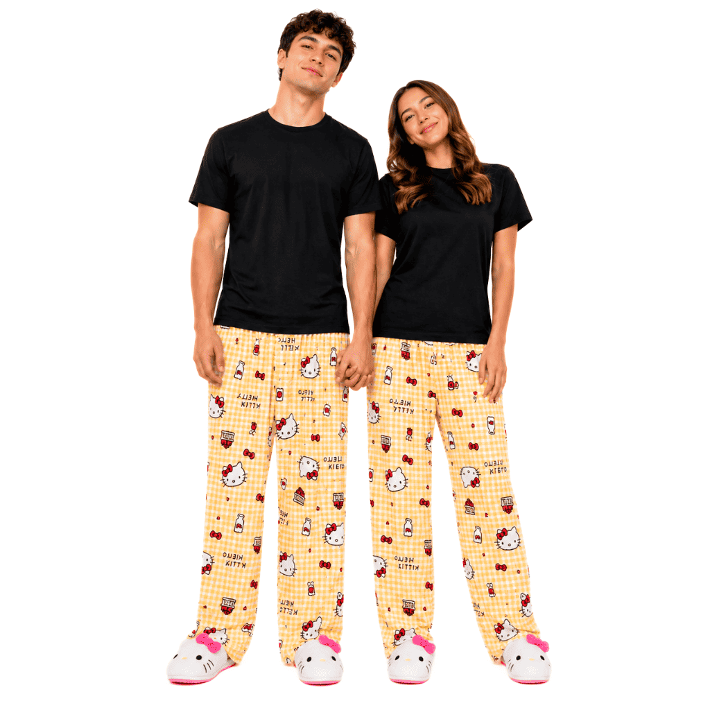 Hello Kitty yellow gingham pajama pants, allover cat and bow print