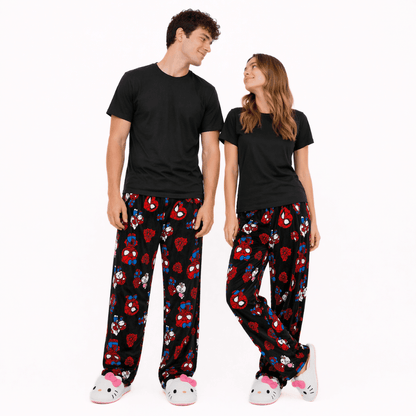 Black pajama pants with red and blue Spider-Man and Hello Kitty character print