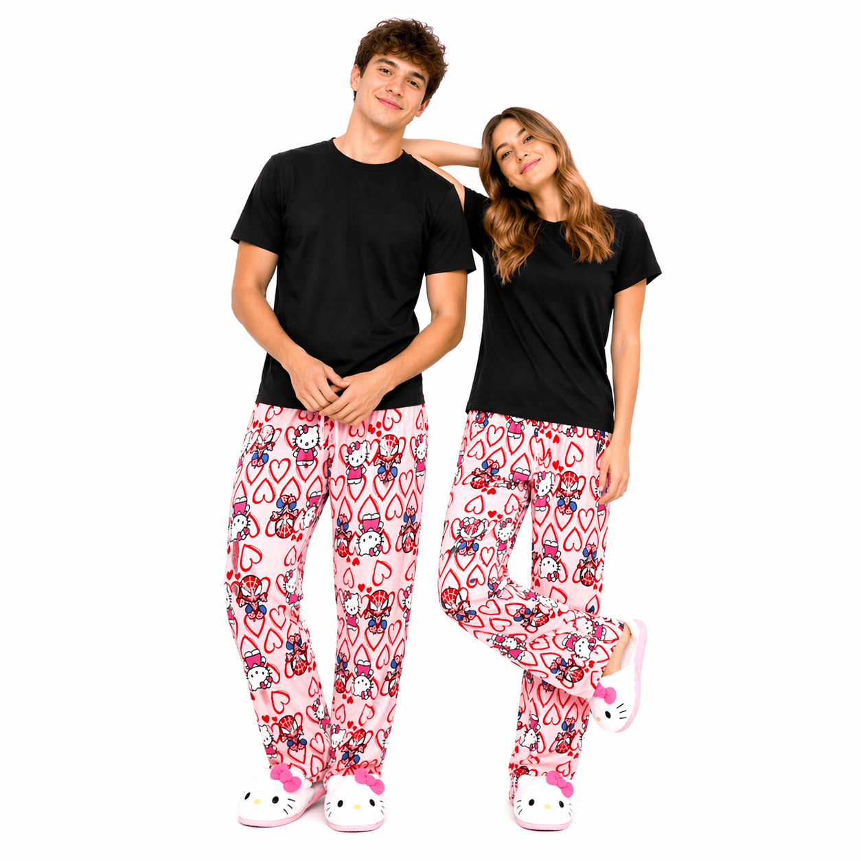 White pajama pants with red character and heart print