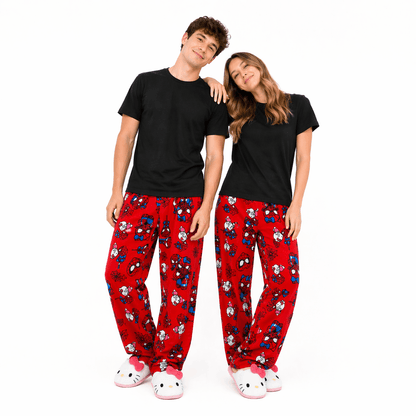 Red pajama pants with blue-and-white Spider-Man and Hello Kitty character print