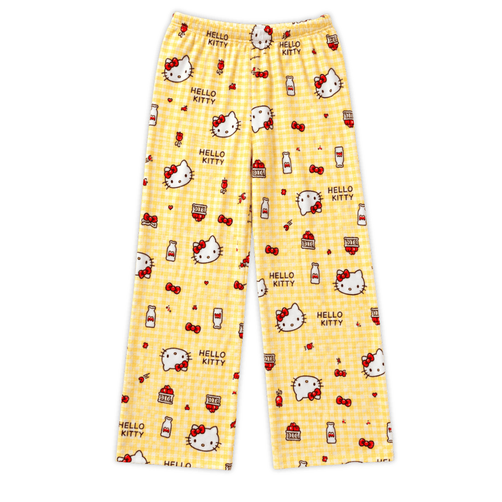 Hello Kitty yellow gingham pajama pants, full-leg print and elastic waist