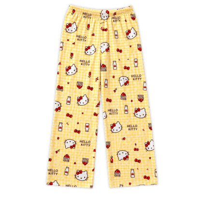 Hello Kitty yellow gingham pajama pants, full-leg print and elastic waist